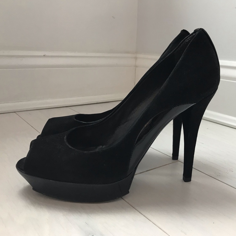 Stuart Weitzman Suede & Patent Peep Toe Heels - image 1